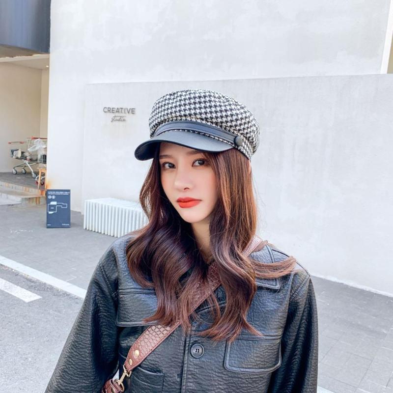 

SWAK Spring Winter Houndstooth Beret Women Retro British Black Leather Navy Hat Female Girl Octagonal Ins Newsboy Cap