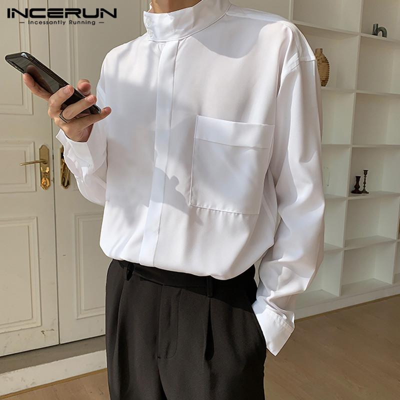 

INCERUN Men Casual Shirt Stand Collar Fashion Tops Long Sleeve Solid Color Korean Style Shirts Button Chic Streetwear Camisas, Black
