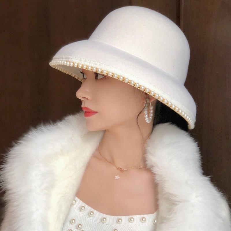 

202011-panshi-grass pearl ribbon milk white Hepburn style lady bucket cap women fishermen hat, White ribbon