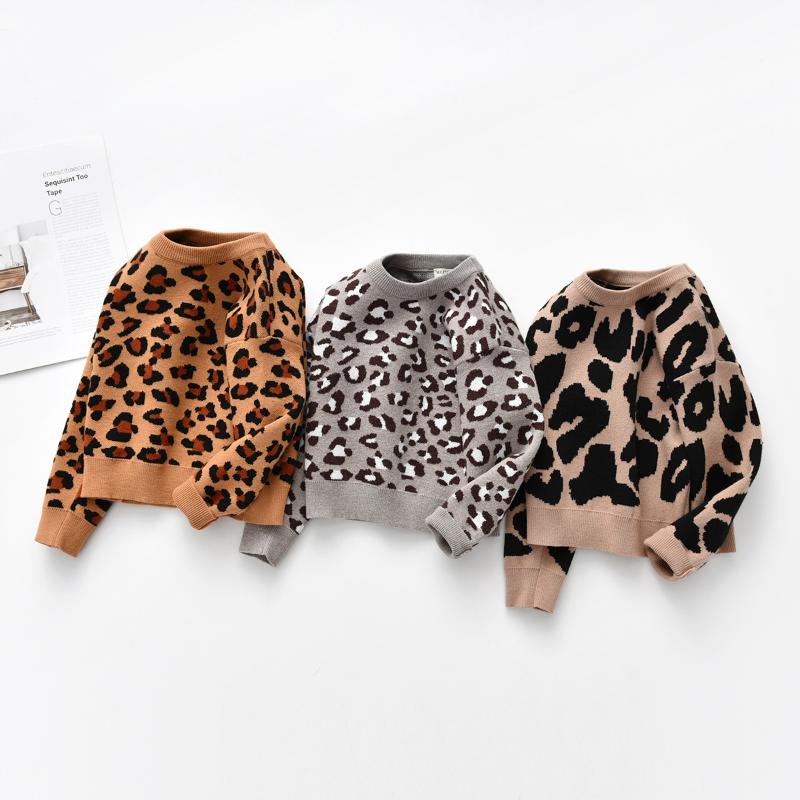 

2021 New Winter Warm Kids Baby Long Sleeve Sweater Fashion Leopard Tops Fleece Pullover Round Neck Knitwear for Toddler Boy Girl, Brown