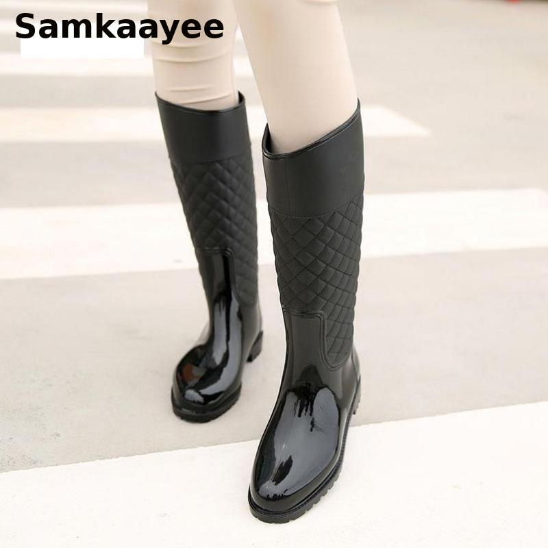 

Size 35-41 Womens Rain Boots Winter Female Knee-High Botas Slip-On Waterproof Shoes Non-Slip Mujer Round Toe Solid Zapatos y38, Black