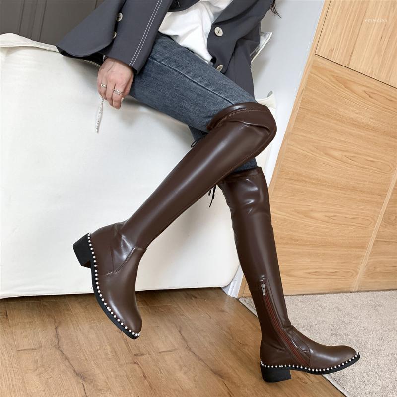 

RIBETRINI Genuine Leather Ladies Round Toe Rivet Over The Knee Boots Med Heel Knee High Boots Women Stylish Shoes Woman1, Black no plush