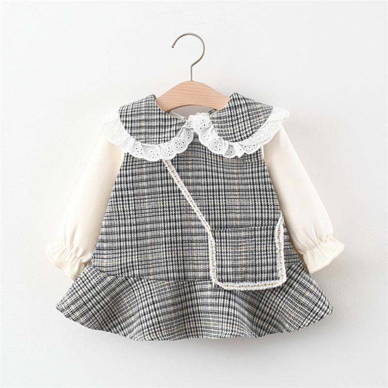 

Baby Dress Autumn Long Sleeve Lace Collar Dress For Girls Baby Clothes Plaid Printed Mini Toddler Costume For 0-24M, Bn1858 black