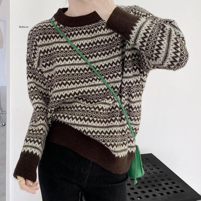 

Autumn Winter Women Sweaters Jacquard Tops Vintage Arygle Knitted Sweaters Korean Fashion, Black