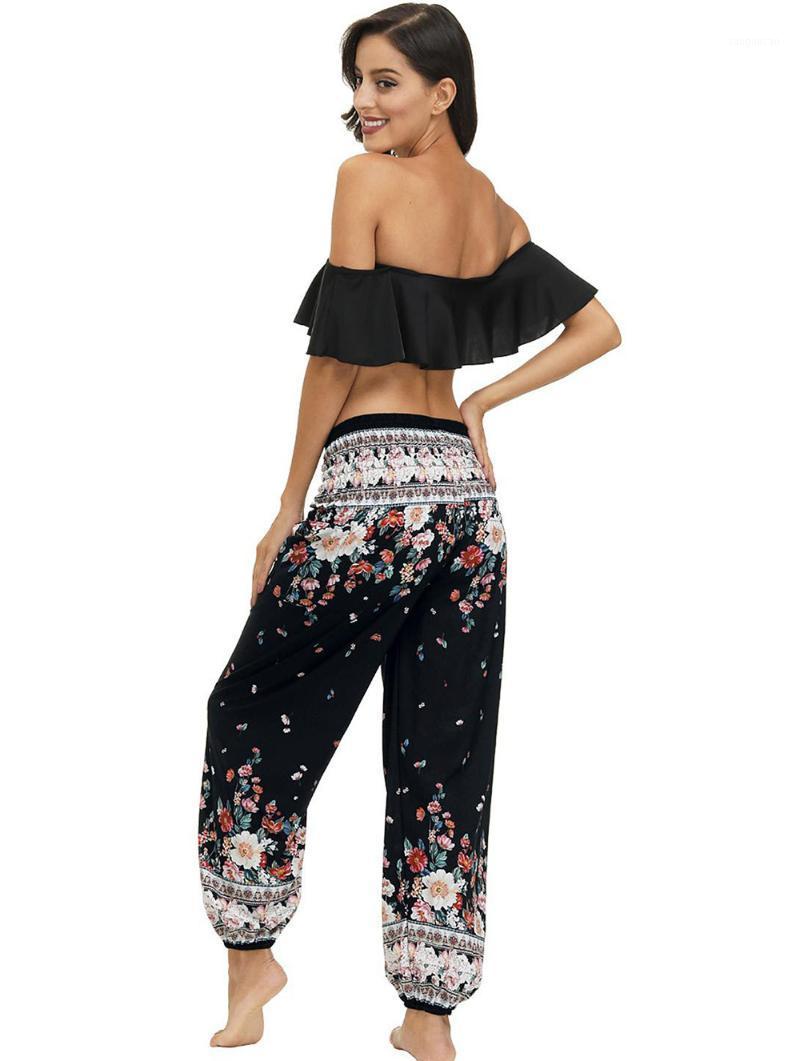

Women's Smocked Waist Harem Hippie Boho Yoga Palazzo Casual Pants1, Black
