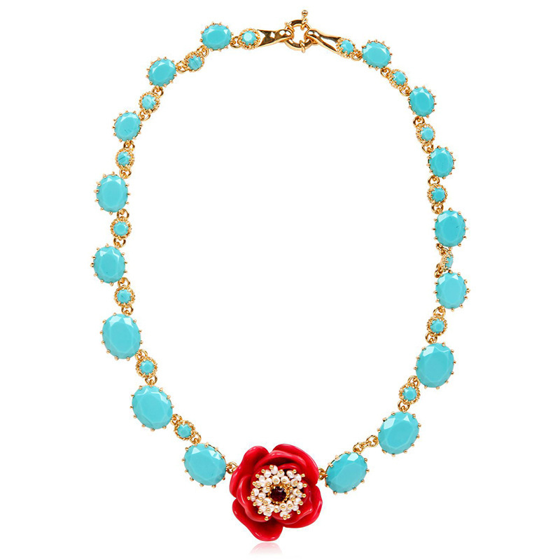 

Pearl Creative Pink Red Acrylic Flower Jewel Short Ornament Necklace G2uu