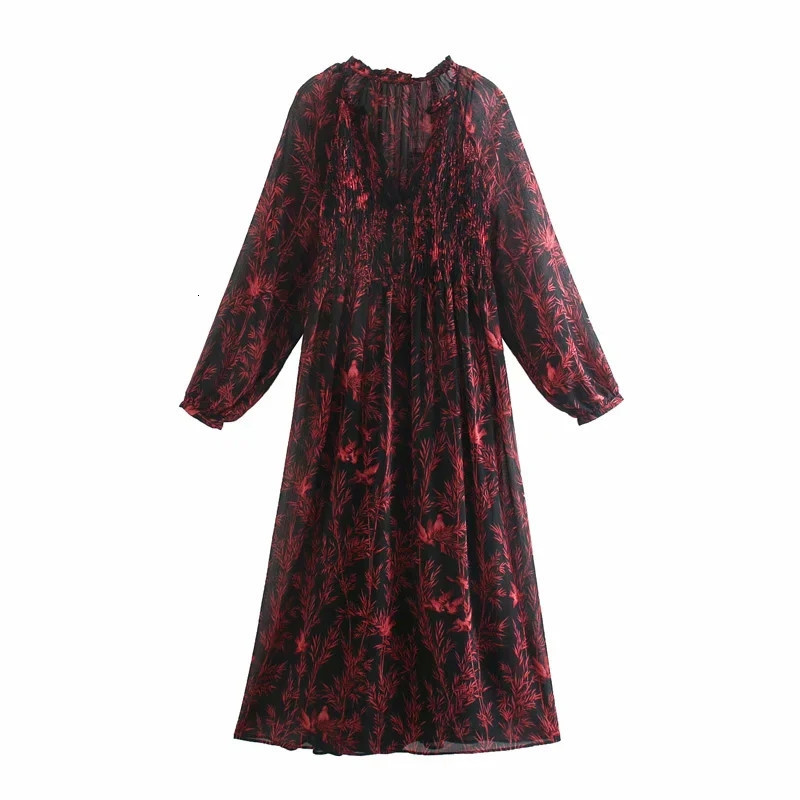 

New Black Print Midi Women 2021 Vintage Gothic Puff Long Sleeve Dress Woman Chic Elastic Waist Casual Ladies Dresses O1iy