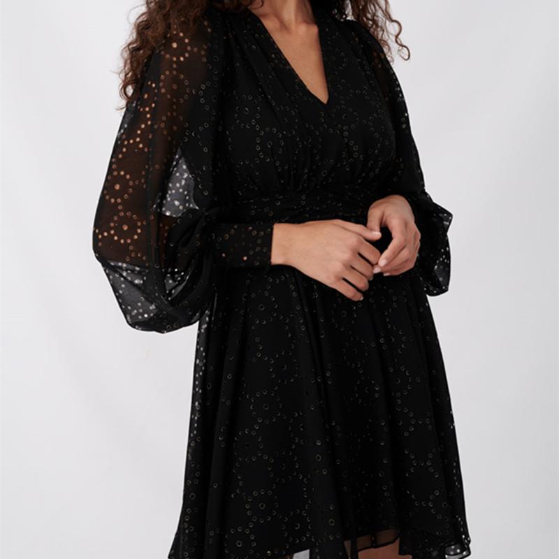 

M home dress v-neck hollow out of new fund of 2020 autumn winters is the waist drape MFPRO01541 long-sleeved dress, Black