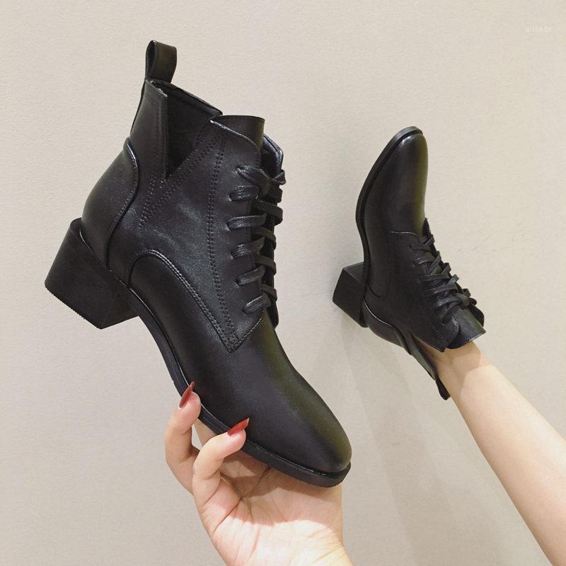 

Hot style middle heel ankle boot for lady thick with 2021 autumn/winter new fashion versatile lacing ankle boot for boots1, Black