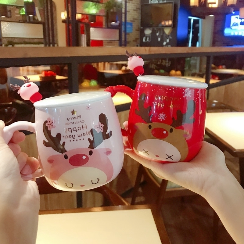 

Christmas Gift Cartoon Cute Cups Fawn Printed Lid Spoon Creative Lovely Couples Porcelain Cups Office Cute Fashion Coffee Cups Mugs, 6 colors