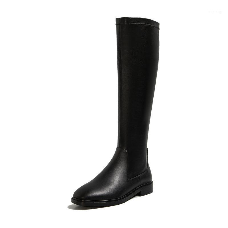 

square Toe low Heels boots Quality Genuine Leather knee high boots Autumn Winter Shoes For Women Party Casual Shoes Woman1, Black
