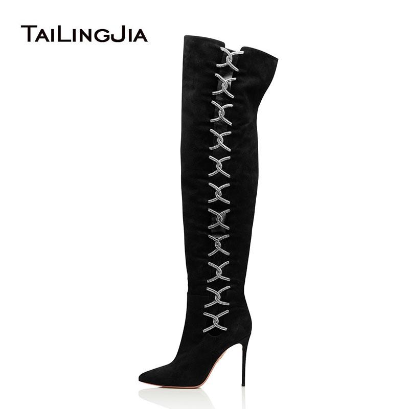 

Cutouts Over The Knee Boots Womens Black High Heel Overknee Boots 2020 Woman Pointed Toe Heeled Boot Ladies Fashion Winter Shoes