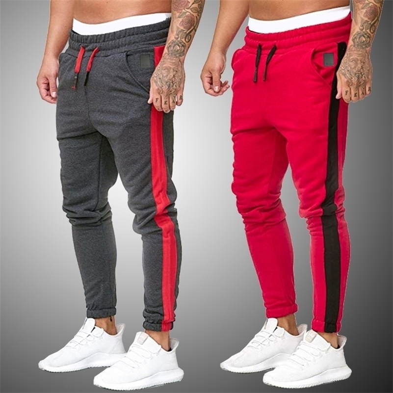 

New Men Joggers Pants Mens Striped Elastic Waist Gym Clothing Male Slim Fit Workout Running Sweatpants 201221, Kcd663 white