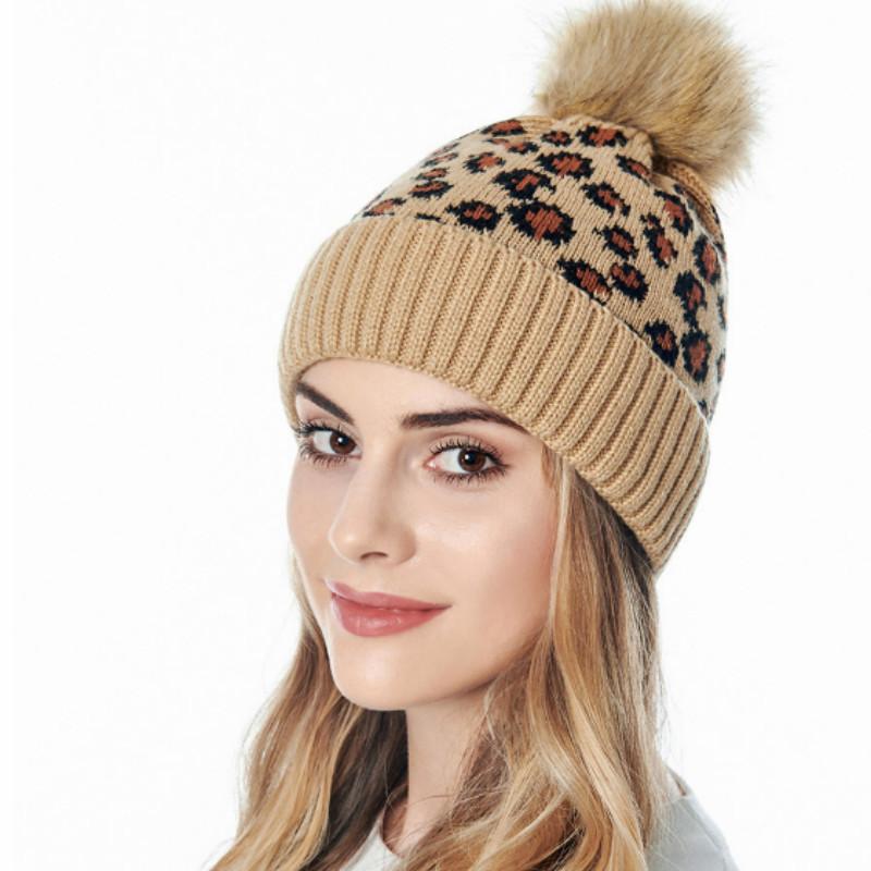 

Leopard Print Wool Knitted Hat for Women Autumn Winter Fashion Warmth Oversized Hair Ball Fashion Thick Warm Beanie Hat Pompom, Black