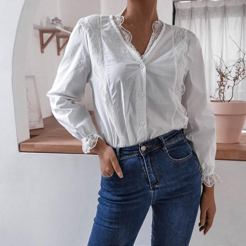 

White Button Up Down Shirts and Blouses Long Sleeve V Neck Lace Trim Top Blusas Feminina Camisas Mujer Ladies Fashion Clothes, As pic