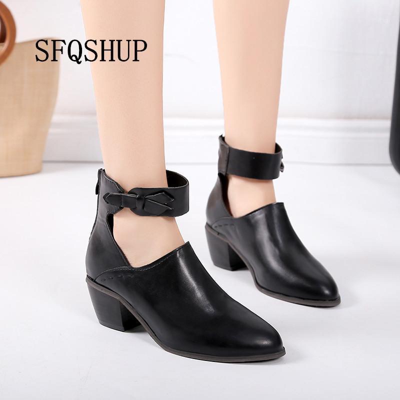 

SFQSHUP Women Boots Chunky Heel Zip Shoes Breathable Female Comfortable Shoes Retro Spring PU Leather Dropshipping1, Brown