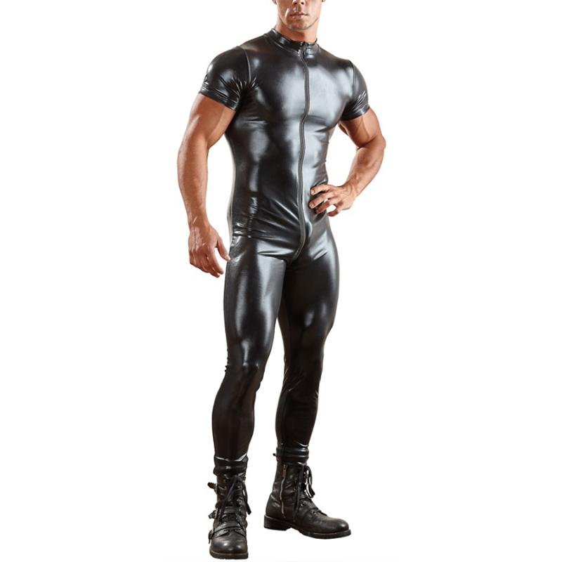 

Sexy Costumes Latex Bodysuit Men Faux Leather Latex Jumpsuit Mens Catsuit Nightclub Gay Pvc DS Pole Dance Costumes, Black