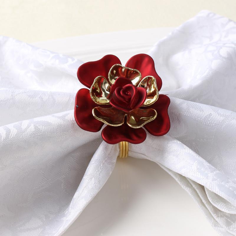 

Gold Plating Stainless Steel Circle with Red Plastic Flower Decor Napkin Rings Set of 6 Pieces1