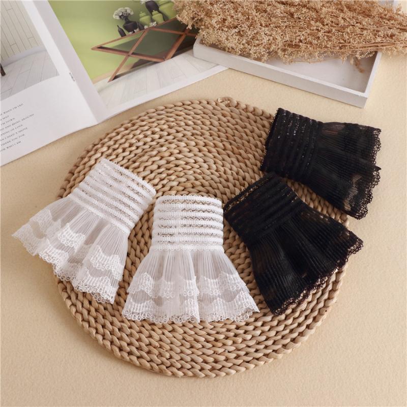 

New Women Girls Fake Flare Sleeves Lace Floral Pleated Fake Cuff for Sweater Ruffles Wrist Warmer Detachable Sleeves