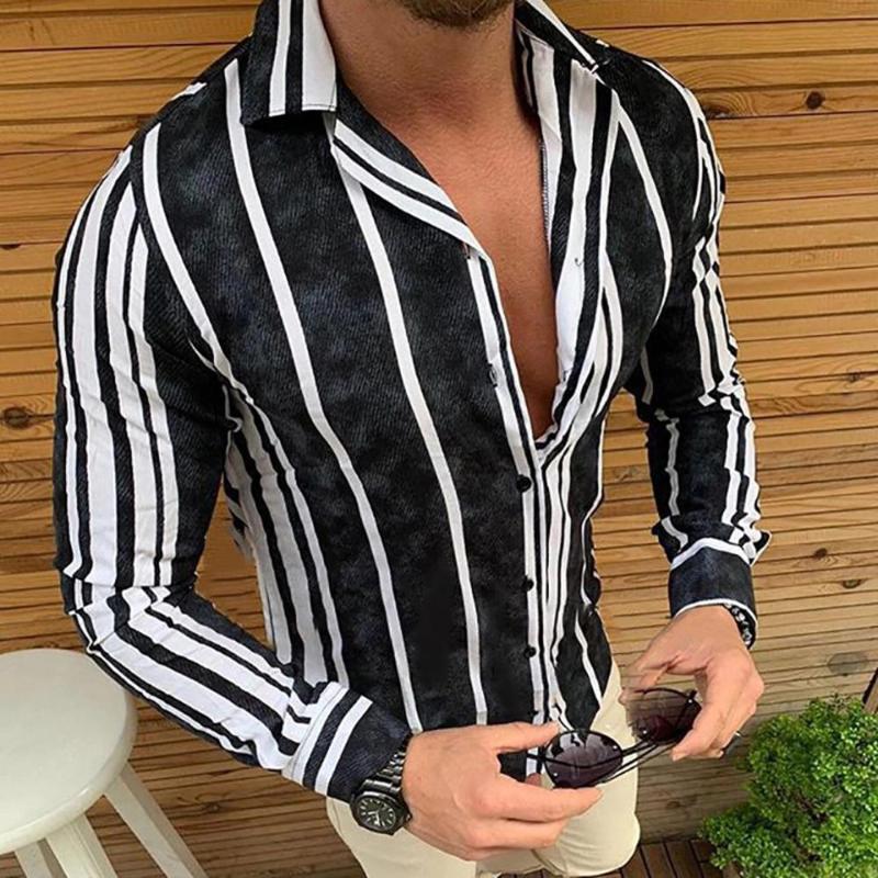 

Mens Autumn Loose Fashion Male High Quality Casual Daily Stripe Printed Slim Fit Long sleeve Shirt Top Blouse#4L25, Black