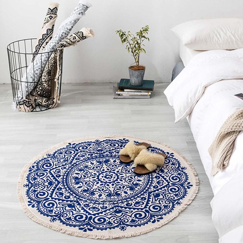 

Carpet 3D Printed Boho Style Tassel Round Rug Hand Woven National Classic Tapestry Sofa Bedroom Cushion Floor Mats Home Decor, Blue2