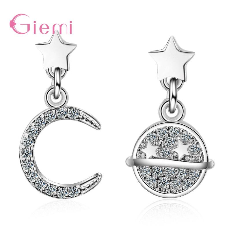 

New Korean 925 Sterling Silver Drop Earring Set For Women Gold Color Dangle Earrings Cubic Zirconia Star Moon Jewelry