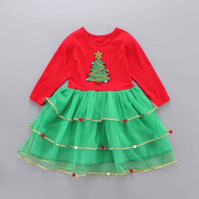 

Girls Casual Dresses Christmas For Toddler Baby Girl Long Sleeve Spangle Christmas Tree Bubble Princess Dress Clothes, Red