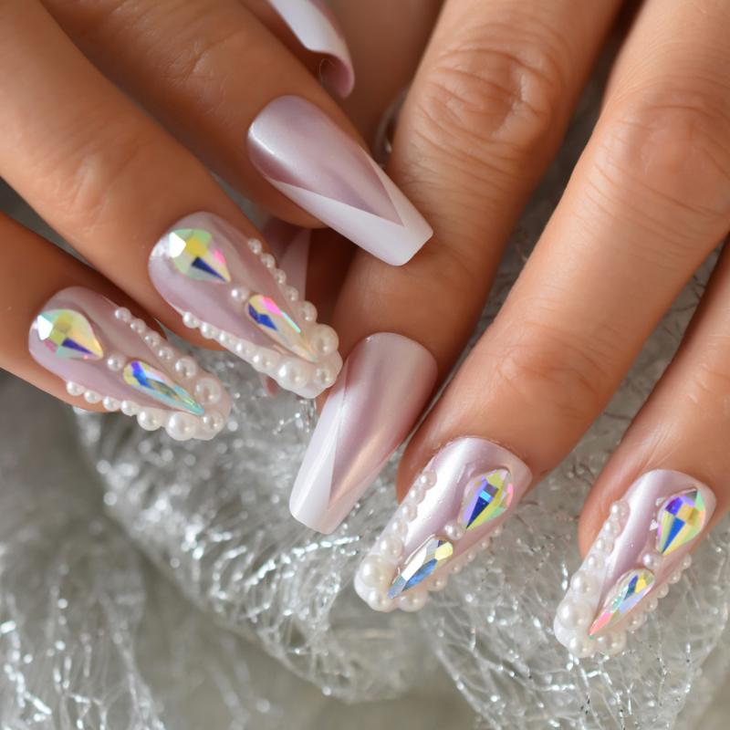 

False Nails Coffin Shape Fake Golden-Pink Long Colorful Rhinestone Mixed V Pearl Garnish Press On Manicure Tools, L5651