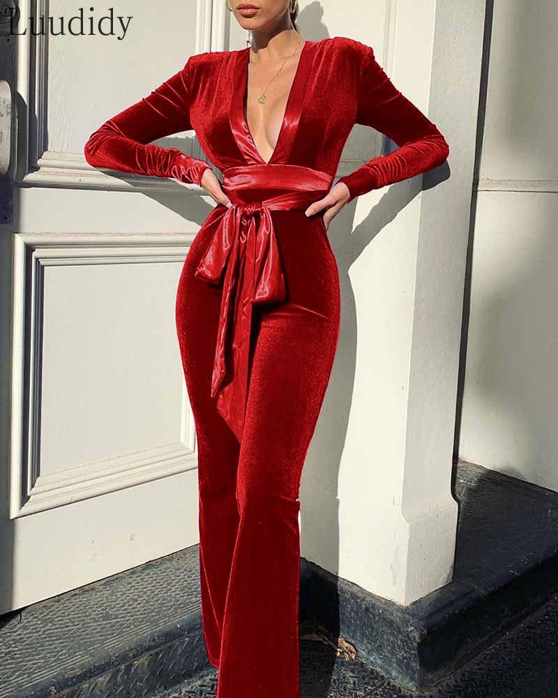 

Women Autumn Winter Jumpsuit Long Sleeve V-neck Belt Jumpsuit Streetwear Elegant Party Jumpsuits, Blue