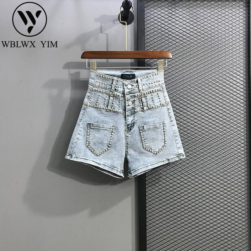 

High waist A-Line Denim Shorts Women Fashion Nail drill Jeans Shorts Female Street style Casual Loose Wide leg Short Jeans, Light blue