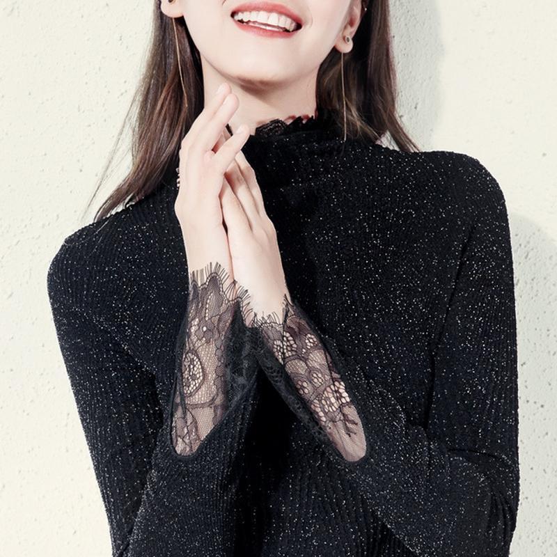 

Shiny Sweater Women Turtleneck Eyelash Lace Patchwork Flare Sleeve Sweater Pullover Knitting Tops C924911, Black sweater