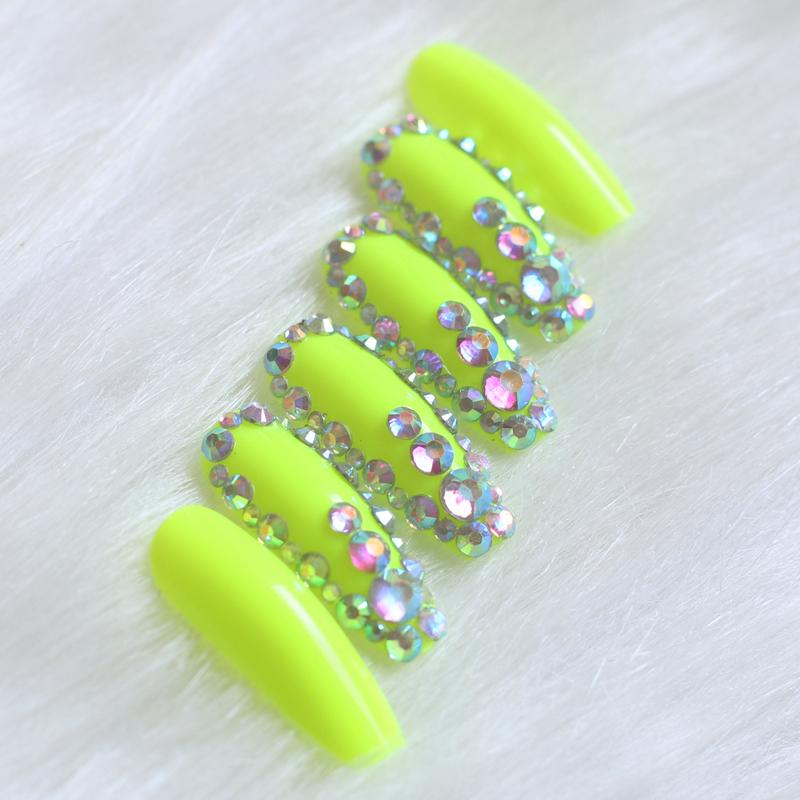 

Light green high-end salon ballet coffin DIY crystal glitter handmade fake nails 24pcs, 1pcs