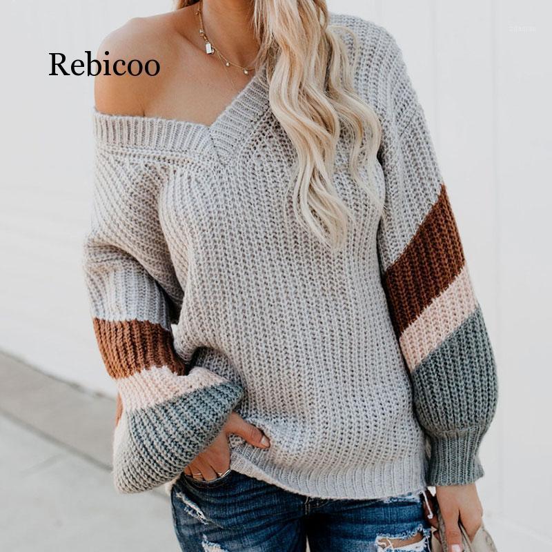 

Women' Striped V-neck Knitted Sweater Lantern Sleeve Patchwork Ladies Sweaters Tops Autumn Winter Female Loose Jumper New1, Black