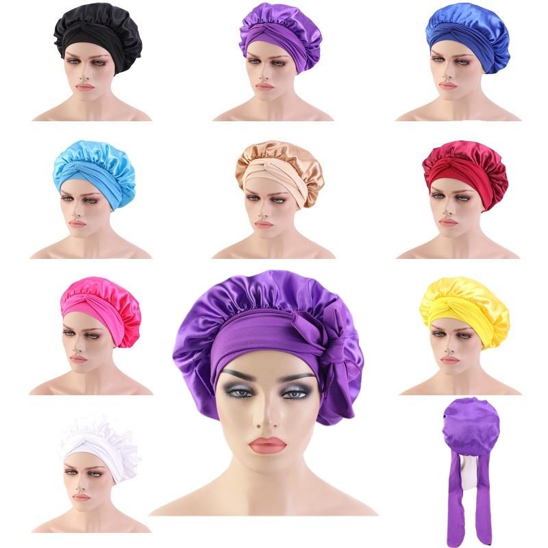 

Casual Ladies Headwear Accessories Large Size Dome Solid Color Night Cap Streamers Can be Strapped Home Hats Hair Loss Caps, Blue;gray