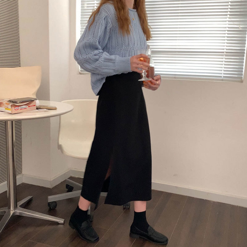 

2021 New 4 colours female autumn skirts elastic waist long color dividing a midi line skirt of women (x1619) H04I, Black