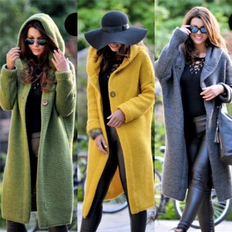 Cardigan solide long pull à capuche femmes automne hiver femme manteau décontracté tricoté longs chandails bureau dame grande taille 5XL 210204