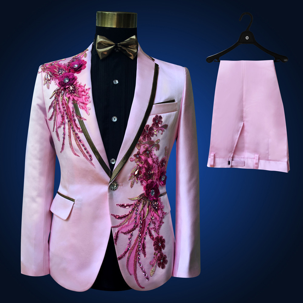 

Pink Tuxedo Jacket +pant Beads Suit Mens Stage Wearmens Tuxedos Wedding Plus Size 4XL Pink Royal Blue White Black Red Groom Suit T200303, White suit blue a si
