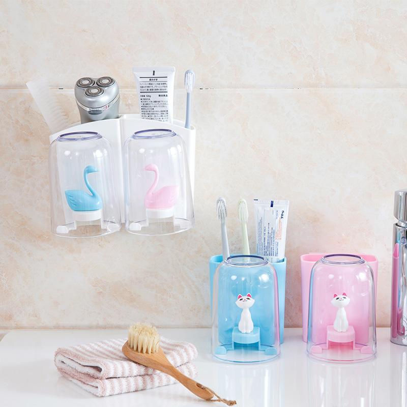 

1 Set Paste-type couple toothbrush holder with tooth cup wall-mounted toothpaste storage rack Bathroom Accessories