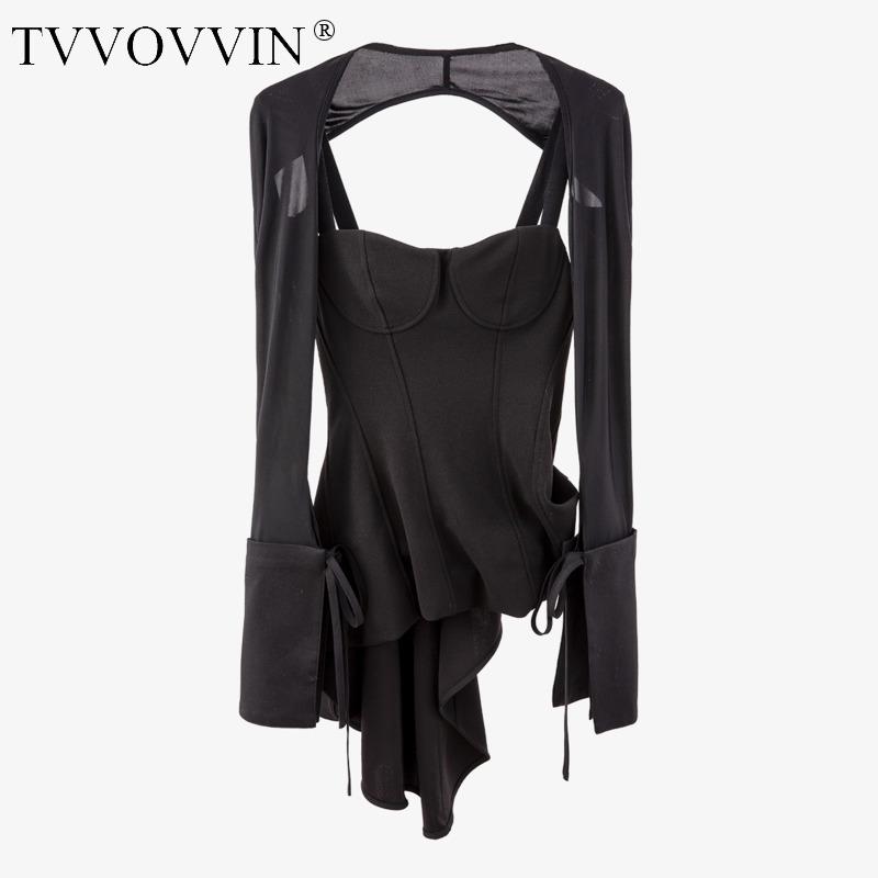 

TVVOVVIN Flare Women Dress Sleeve Asymmetry Vintage Dress Women Irregular Black Sexy Short Dresses 2020 New Fashion PO5G