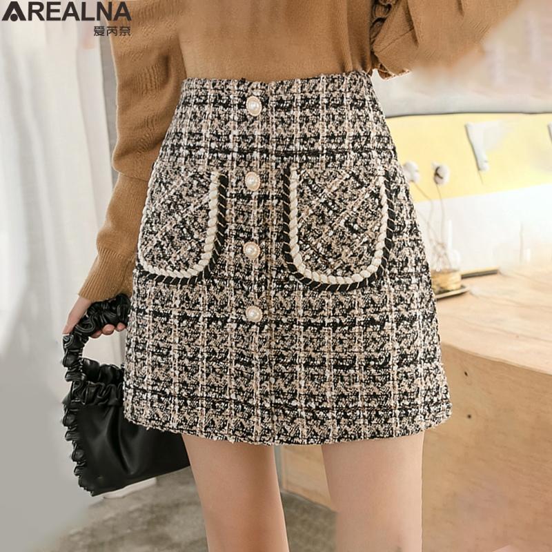 

Tweed skirts womens 2020 Autumn Winter Button Mini Pencil Skirt Plaid Wool Skirts Korean High Waist Elegant sexy woman, Black