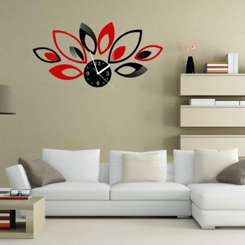 

24x17x5CM Red and Black Leaf Wall Clock DIY Acrylic Mirror Wall Clock TB Sale