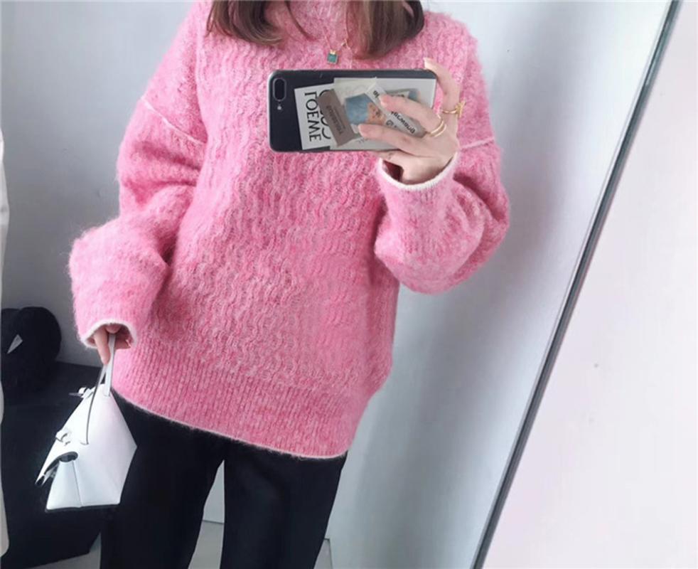 

Women Sweater 2020 Autumn and Winter Mohair Lazy Shoulder Casual Sweater Contrast Color Round Neck Pullover, Pink