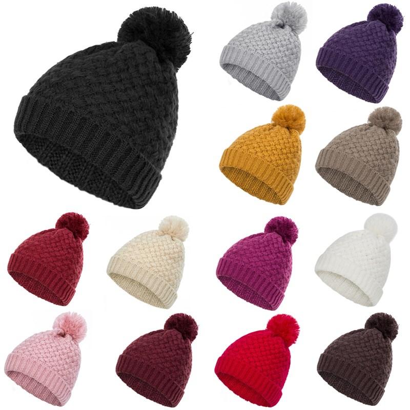 

Pom Poms Winter Hat For Women Girl's Hat Knitted Beanies Cap Thick Plus Velvet Skullcap Female Solid Color Bonnet