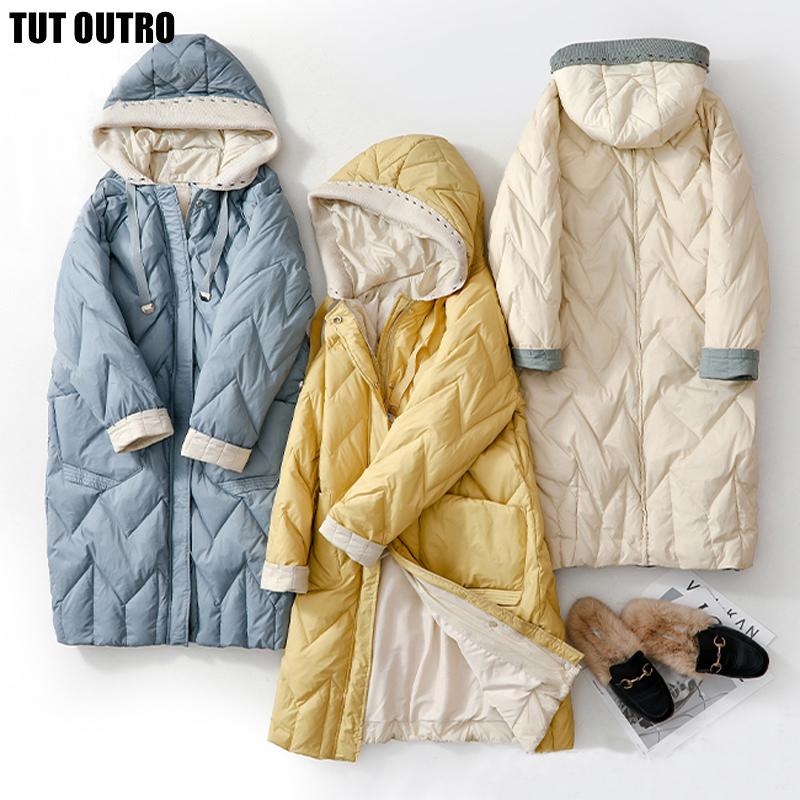 

Winter Women Oversize Down Jacket Long Down Coats Knitted Hat Stitching Hooded Women Coat Black Blue Korean Casual Version