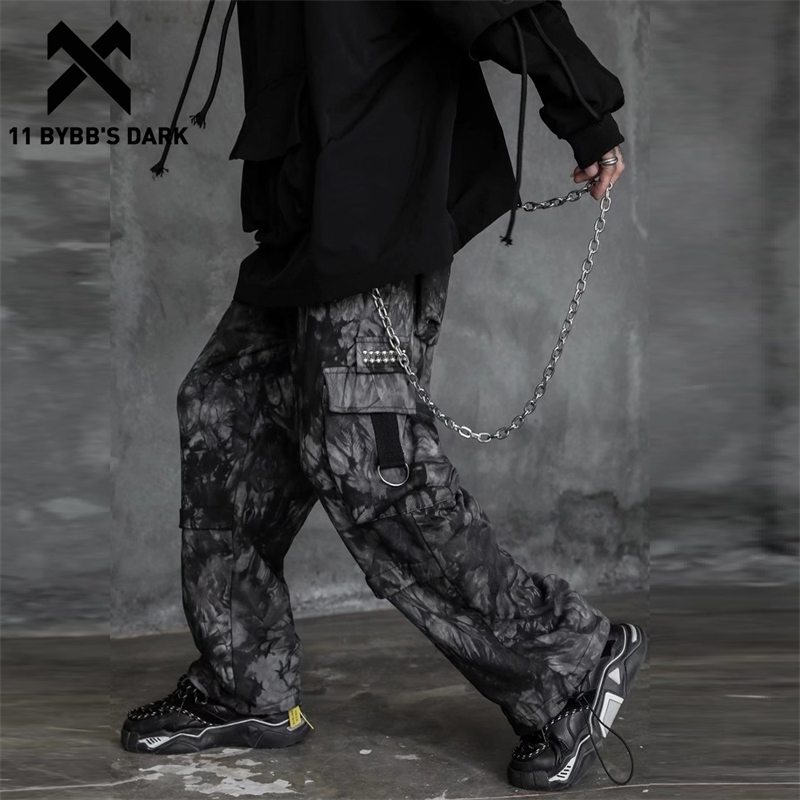 

11 BYBB'S DARK Harajuku Streetwear Hip Hop Men Trousers Tactical Pants Man Dark Tie Dye Chain Jogger Functional Cargo Pants 201114, Gray