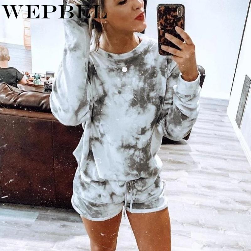 

WEPBEL Spring Autumn Tie-Dyed Printed Home Two-Piece Suit Women' Long Sleeve O-Neck T-shirt + Lace Up Straight Shorts Suit