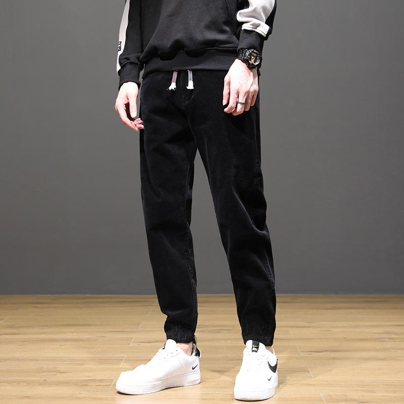 

Newly Designer Fashion Men Jeans Vintage Casual Corduroy Wide Leg Harem Trousers Autumn Streetwear Hip Hop Joggers Cargo Pants, Black