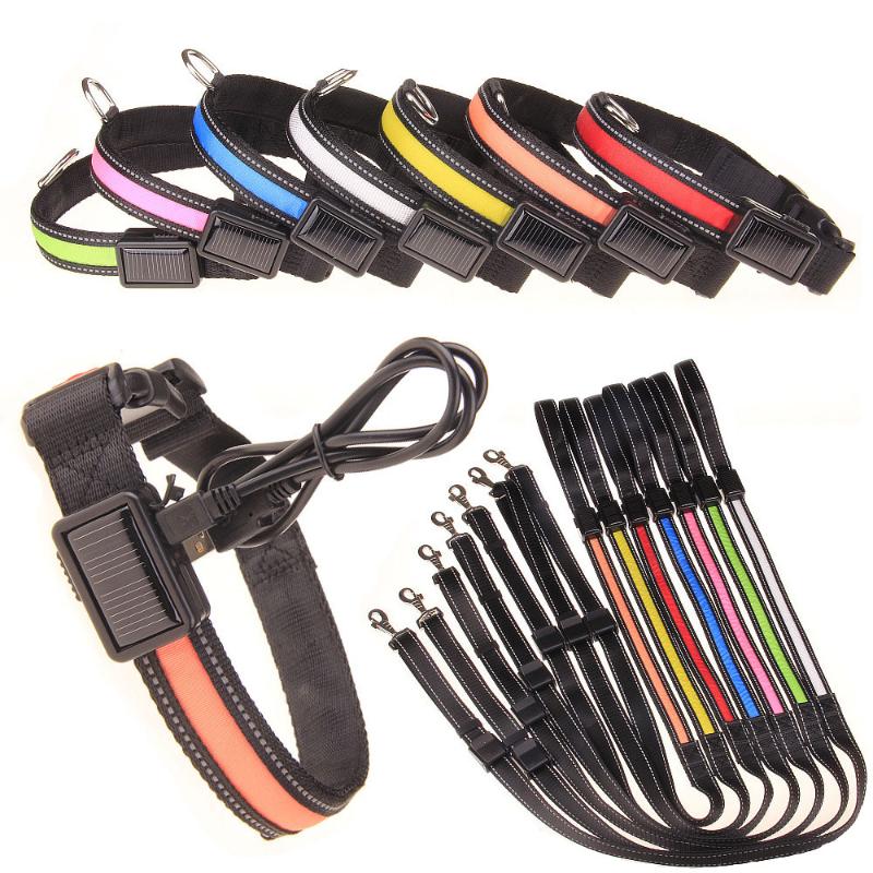 

QQQPET Dog Collar Nylon Solar USB Rechargeable LED Collar Light Night Safety Glow Flashing Dog LED Rechargeable
