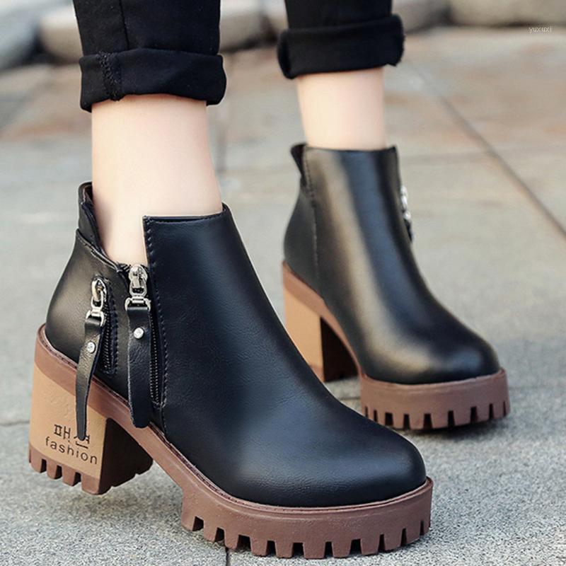 

Hot Sale Women Boots Women's Leisure Solid Round Toe Shoes Zipper Chunky Med Heel Ladies Short Booties 2020 Fshion Leather Boots1, Black