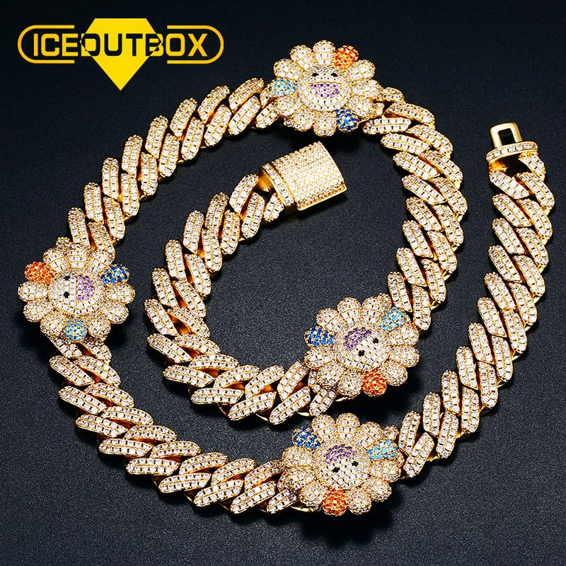 

ICEOUTBOX 14mm 2 Row Crystal Cuban Link Chain With Smile Flower Micro Pave Cubic Zirconia Hip Hop Fashion Jewelry For Women Men